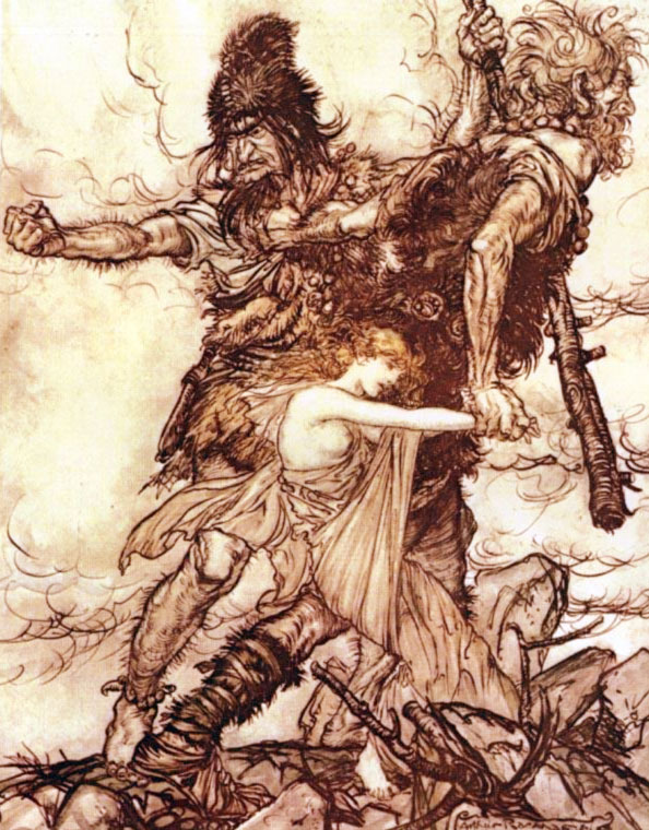 L'oro del reno, di Richard Wagner - I giganti Fasolt e Fafner rapiscono Freia - Illustrazione di Arthur Rackham (1910)
