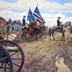 Soldati americani (giubbe blu) schierati di fronte a truppe inglesi