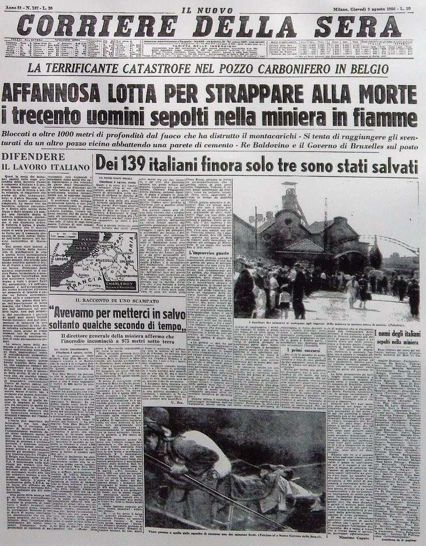 Marcinelle - Prima pagina giornale (Corriere della sera) - 9 agosto 1956
