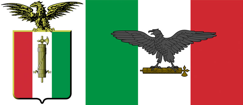 Lo stemma (a sinistra) e la bandiera di guerra della Repubblica di Salò