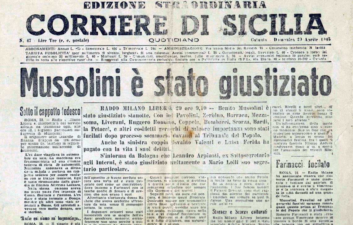 Mussolini giustiziato - Giornale di Sicilia - 29 aprile 1945
