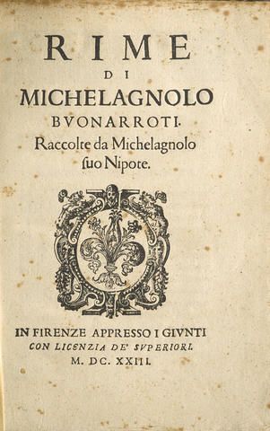 Copertina del volume ''Rime di Michelagnolo Buonarrote raccolte da Michelagnolo fuo Nipote'', MDCXXIII