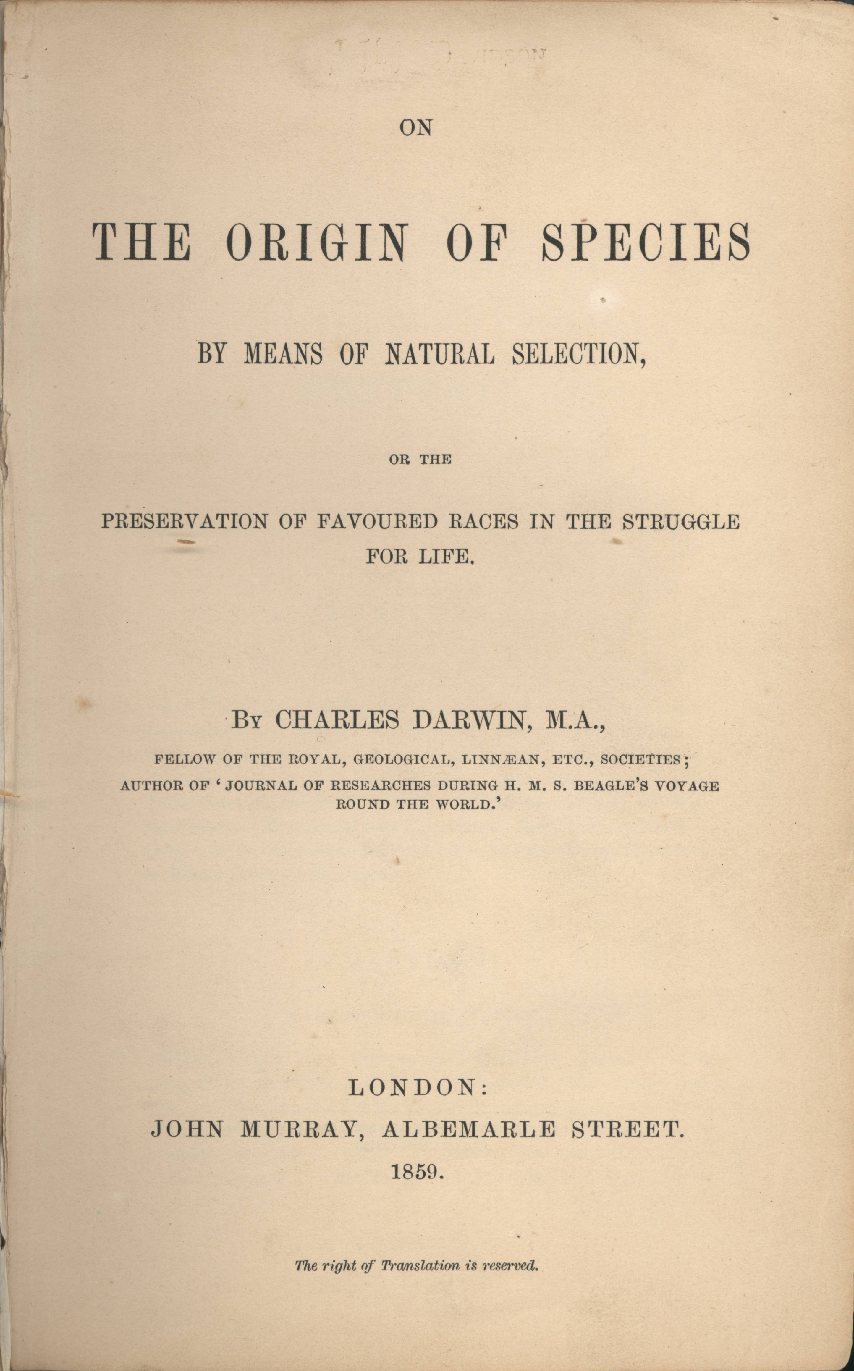 "L'origine delle specie", frontespizio della prima edizione (24 novembre 1859)