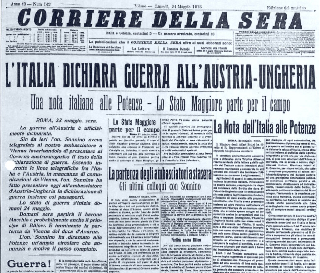 Prima Guerra Mondiale, Il Corriere della Sera del 24 maggio 1915 Lo scoppio della Prima Guerra Mondiale, Il Corriere della Sera del 24 maggio 1915