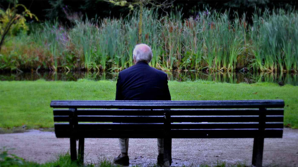 vecchio uomo di spalle su una panchina al parco