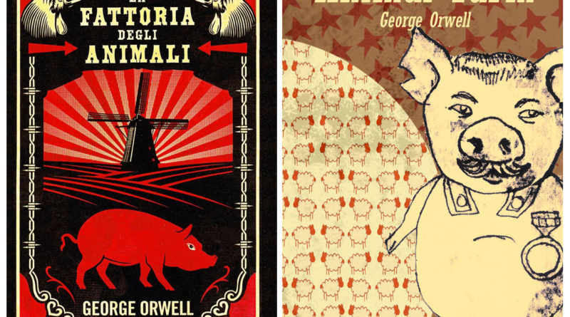 George Orwell: una copertina italiana del libro "La Fattoria degli animali", e una in lingua originale ("Animal farm")