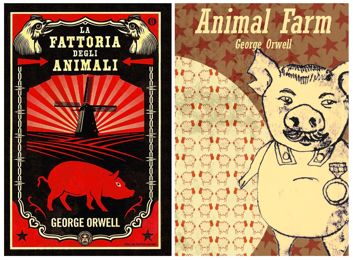 George Orwell: una copertina italiana del libro "La Fattoria degli animali", e una in lingua originale ("Animal farm")