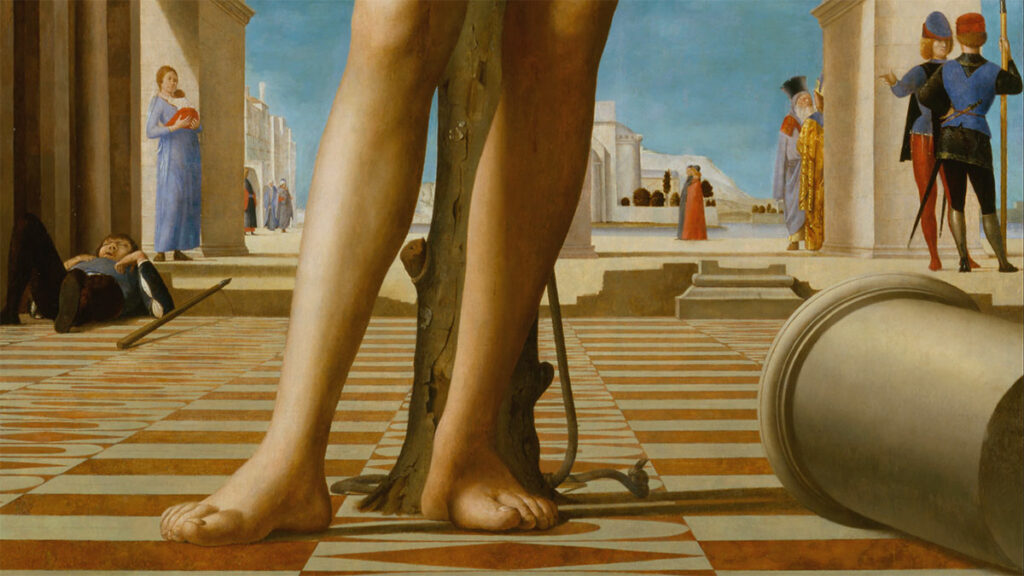 San Sebastiano (Antonello da Messina), dettaglio della parte bassa: la colonna, i piedi, i personaggi