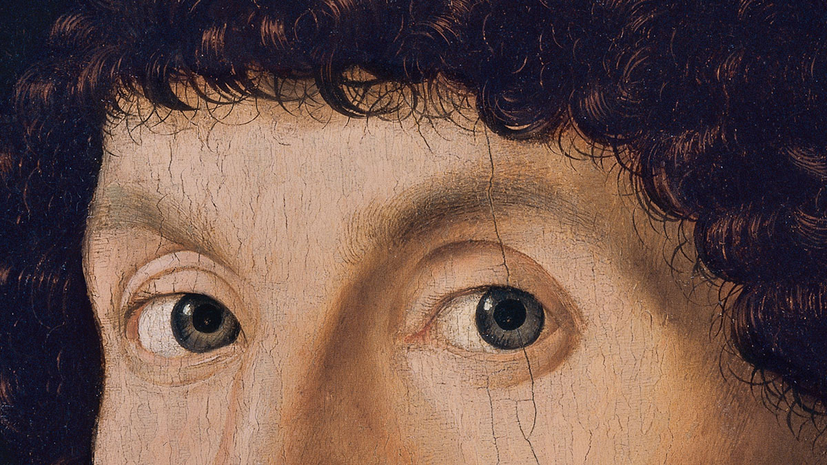 Portrait of a Man (Antonello da Messina): il dettaglio ingrandito degli occhi, delle sopracciglia e dei capelli