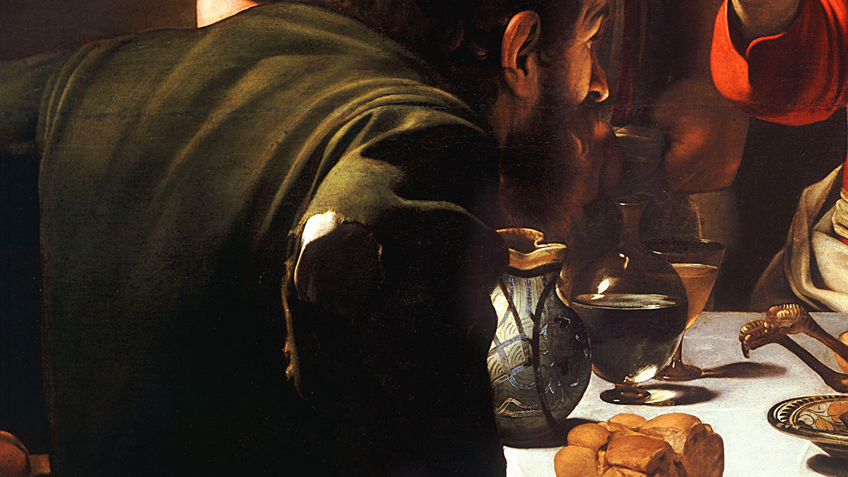 Cena ad Emmaus Caravaggio - 1601 - dettaglio del gomito con lo strappo